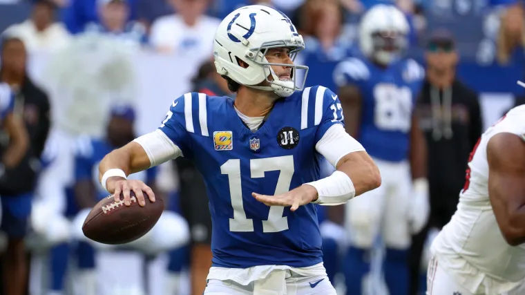 Indianapolis Colts quarterback Daniel Jones (17) passes the ball against the Arizona Cardinals during the second quarter of the game at Lucas Oil Stadium.